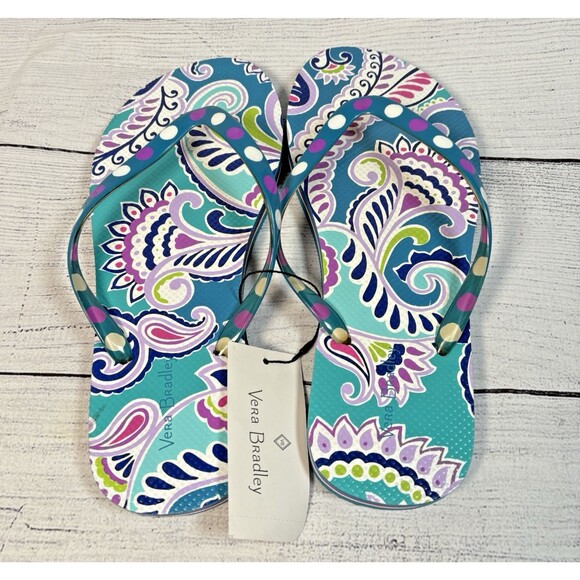 Vera Bradley Sz 7/8 Waikiki Paisley Multi-Colored Flower Theme Flip Flops NEW - Picture 1 of 2